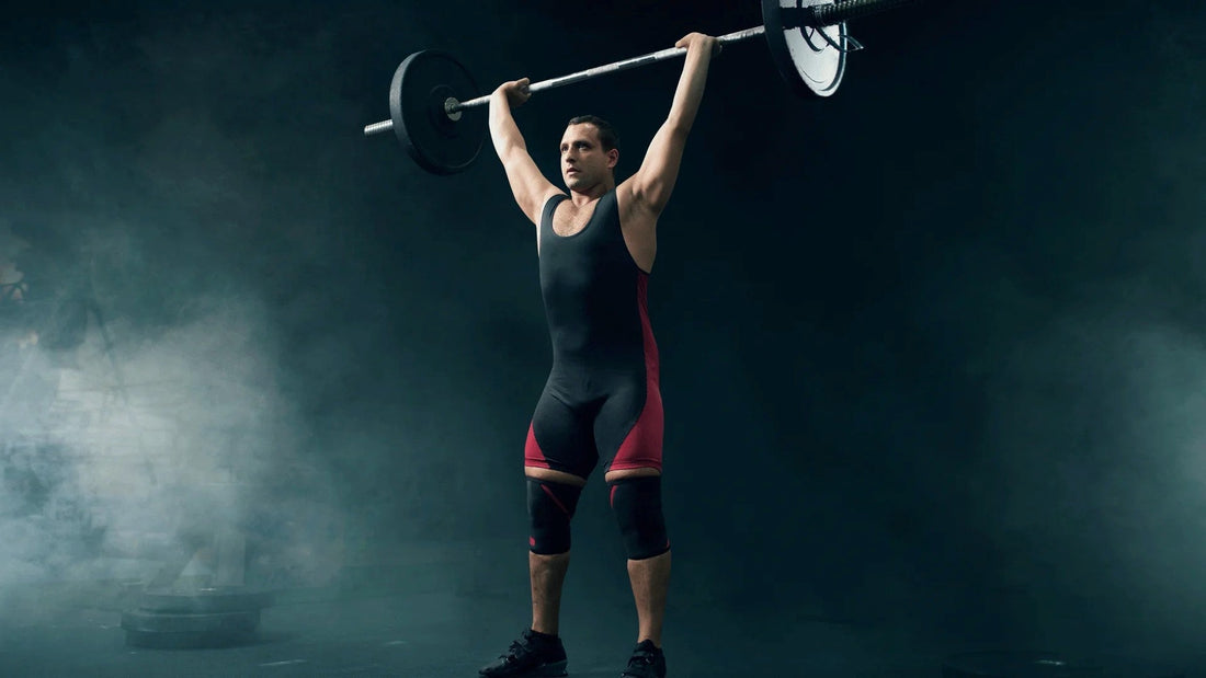 Athlete executing an overhead press with a barbell, showcasing strength and precision in a weightlifting competition.