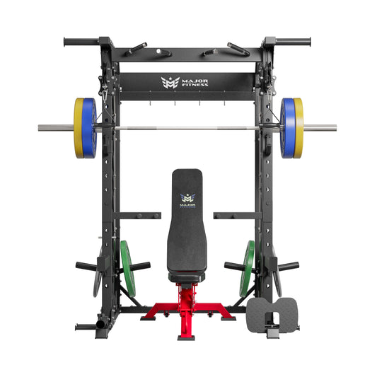 Major Fitness cable crossover smith machine spirit b52 with a bench and 230lb set weight plates front view