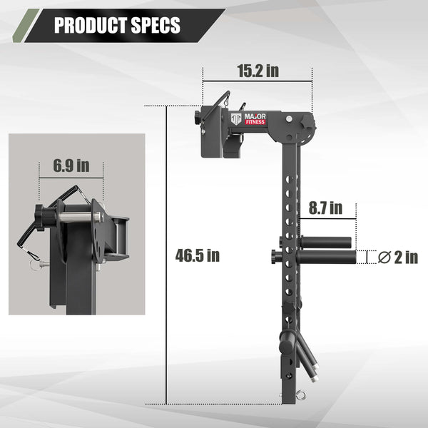 Major Fitness lever arms is 46.5 inches in height, 15.2 inches in depth, can hold both 1 inch and 2 inches diameter plates