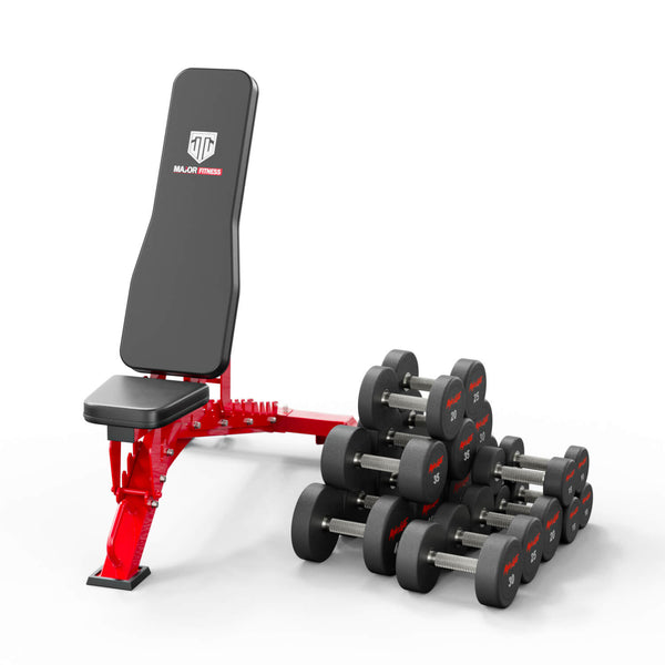 red bench with 440lb set dumbbells
