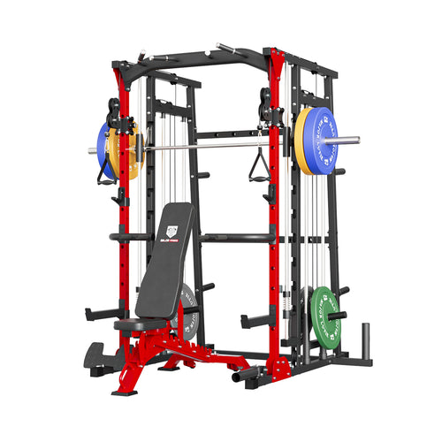 red smith machine sml07 with red weight bench and 230lb plates set