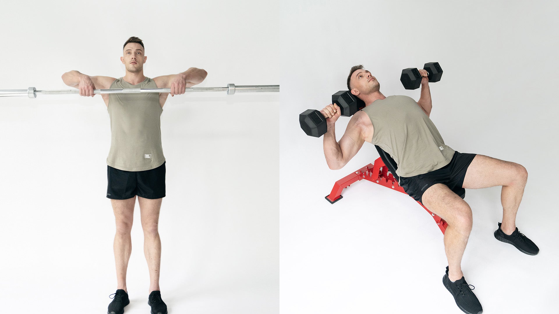 Side-by-side images of a man performing an upright row with a barbell and a dumbbell bench press