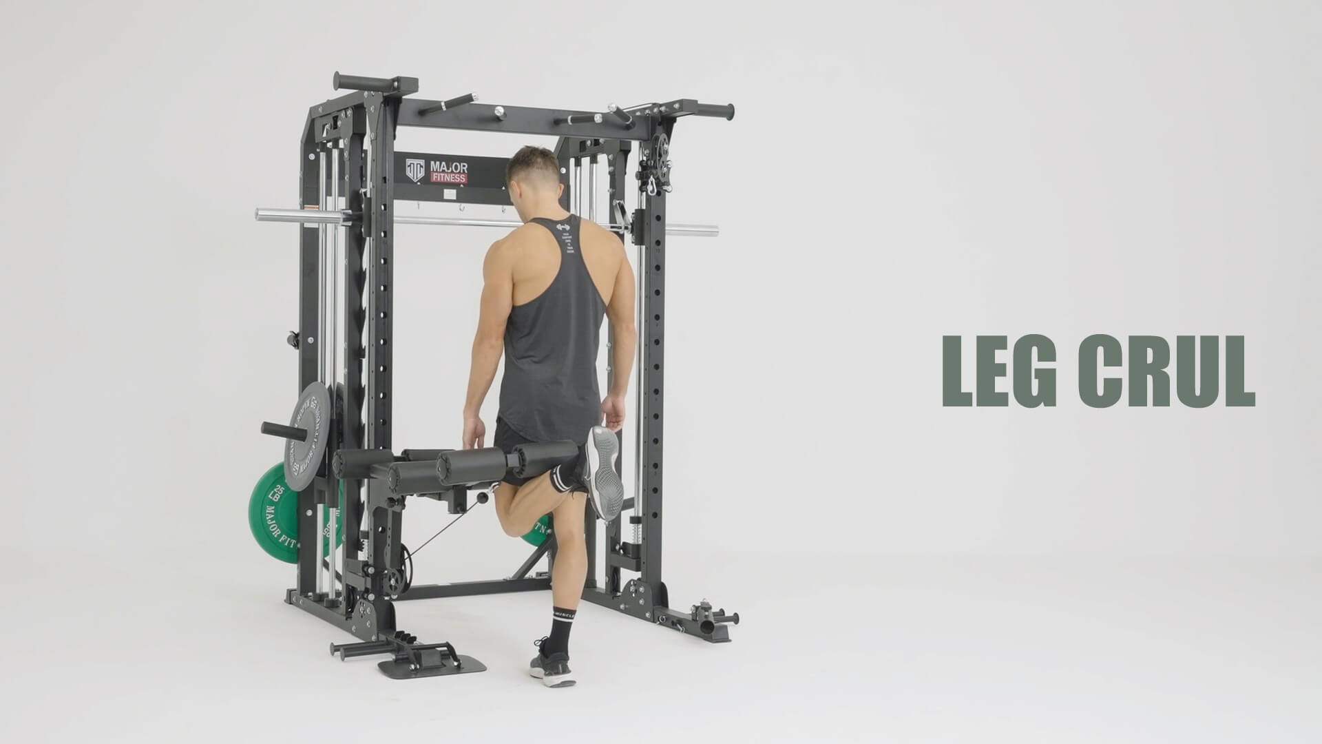 a man doing leg crul with a Major Fitness Smith machine