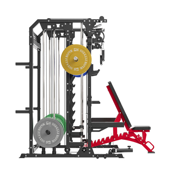 Major Fitness cable crossover smith machine spirit b52 with a bench and 230lb set weight plates left view
