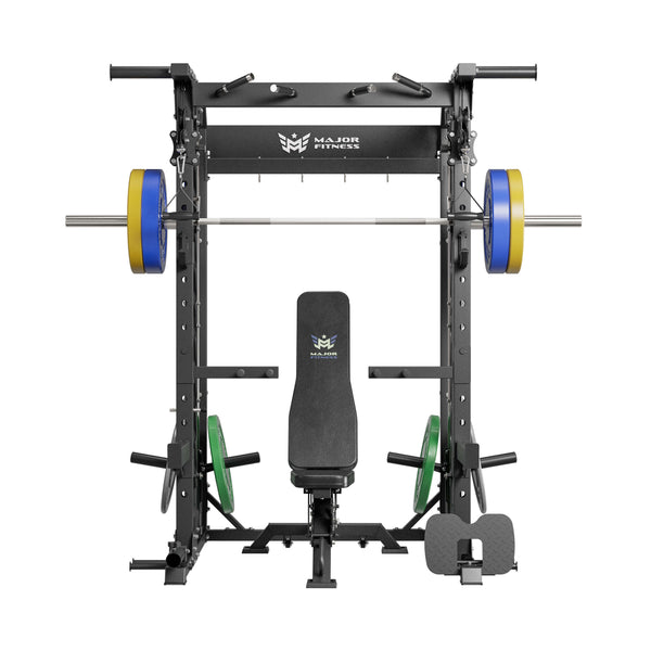 Major Fitness smith machine home gym spirit b52 with a bench and 230lb set weight plates front view

