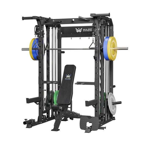 Major Fitness home smith machine with cable spirit b52 with a bench and 230lb set weight plates
