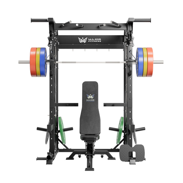 Major Fitness smith machine rack package spirit b52 contains a bench and 230lb set weight plates front view
