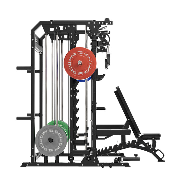 Major Fitness smith machine rack package spirit b52 contains a bench and 230lb set weight plates left view
