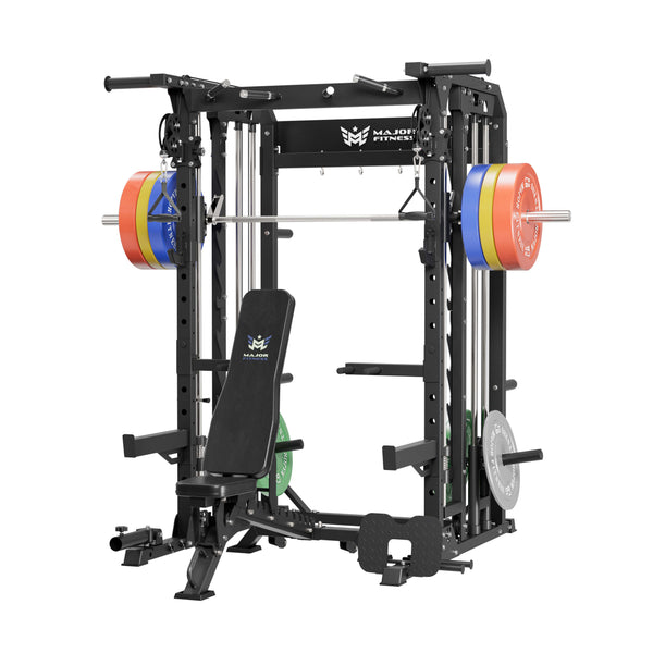 Major Fitness smith machine rack package spirit b52 contains a bench and 230lb set weight plates
