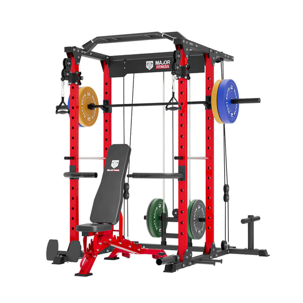 major fitness power rack PLM03 with weight bench, barbell and weight plates