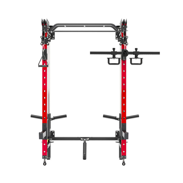 Red Folding Power Rack with Multifunctional Handle Bar front view
