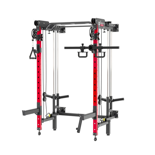 Red Folding Power Rack with Multifunctional Handle Bar
