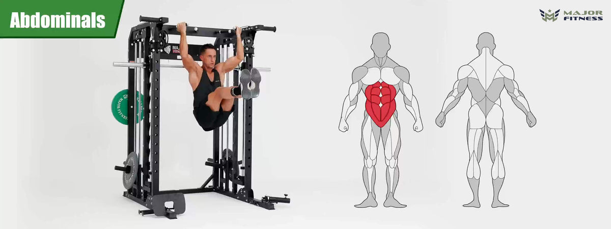 Smith machine Spirit B52 abdominals training display and human abdominals muscle image