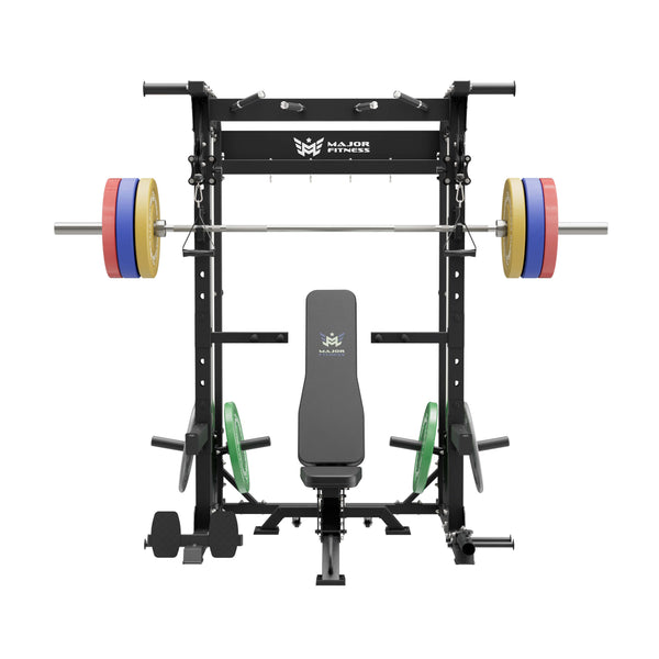home gym workout equipment raptor f22 black with a black bench, a silver barbell, a 230lb bumper weight plates set and a pair of 55lb urethane plates front view

