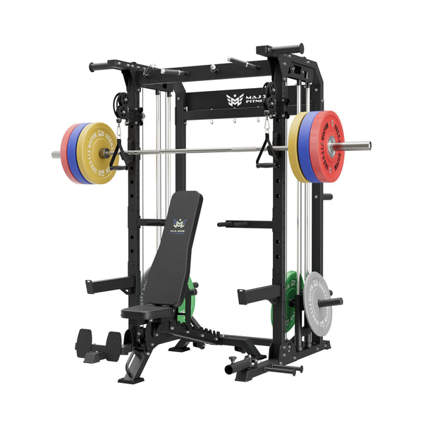 home gym workout equipment raptor f22 black with a black bench, a silver barbell, a 230lb bumper weight plates set and a pair of 55lb urethane plates

