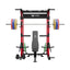 home gym workout equipment raptor f22 red with a black bench, a silver barbell, a 230lb bumper weight plates set and a pair of 55lb urethane plates front view
