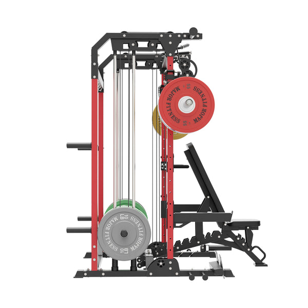 home gym workout equipment raptor f22 red with a black bench, a silver barbell, a 230lb bumper weight plates set and a pair of 55lb urethane plates left view
