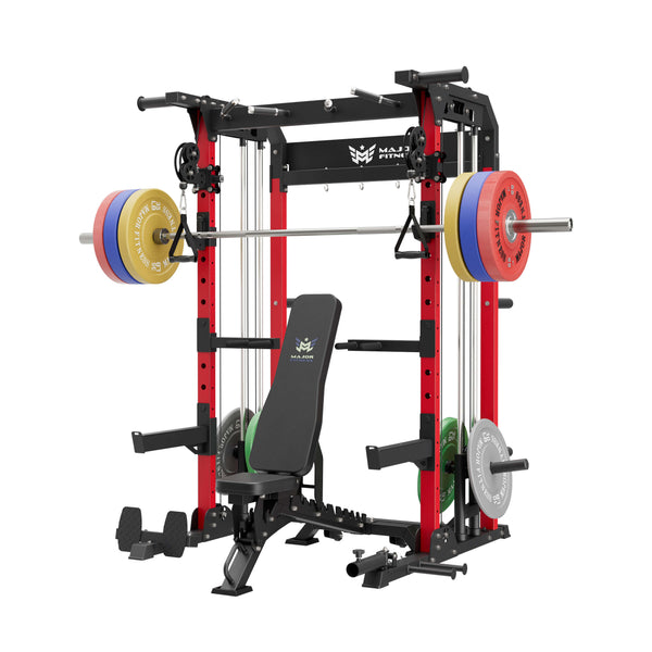 home gym workout equipment raptor f22 red with a black bench, a silver barbell, a 230lb bumper weight plates set and a pair of 55lb urethane plates
