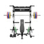 home gym workout equipment raptor f22 white with a black bench, a silver barbell, a 230lb bumper weight plates set and a pair of 55lb urethane plates front view
