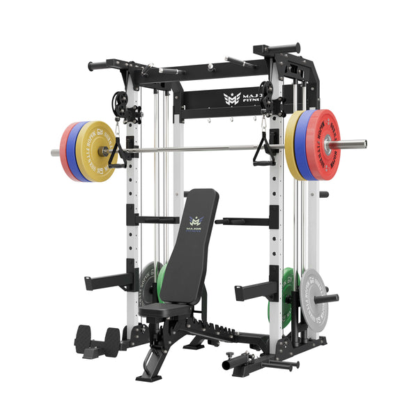 home gym workout equipment raptor f22 white with a black bench, a silver barbell, a 230lb bumper weight plates set and a pair of 55lb urethane plates
