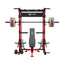 home gym package raptor f22 red with a red bench, a black barbell, a 230lb bumper weight plates set  and a pair of 55lb urethane plates front view

