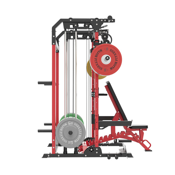 home gym package raptor f22 red with a red bench, a black barbell, a 230lb bumper weight plates set  and a pair of 55lb urethane plates left view
