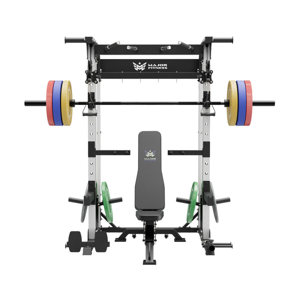 home gym package raptor f22 black with a black bench, a black barbell, a 230lb bumper weight plates set  and a pair of 55lb urethane plates front view
