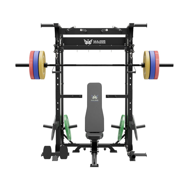 home gym workout equipment raptor f22 black with a black bench, a black barbell, a 230lb bumper weight plates set and a pair of 55lb urethane plates front view
