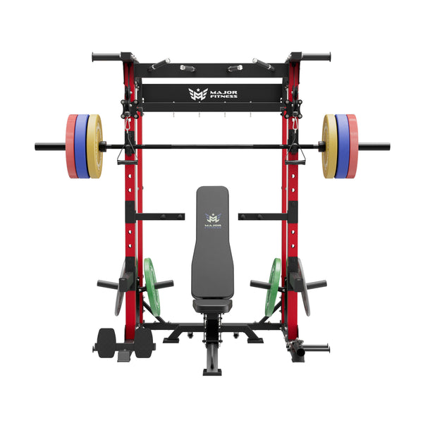 home gym workout equipment raptor f22 red with a black bench, a black barbell, a 230lb bumper weight plates set and a pair of 55lb urethane plates front view
