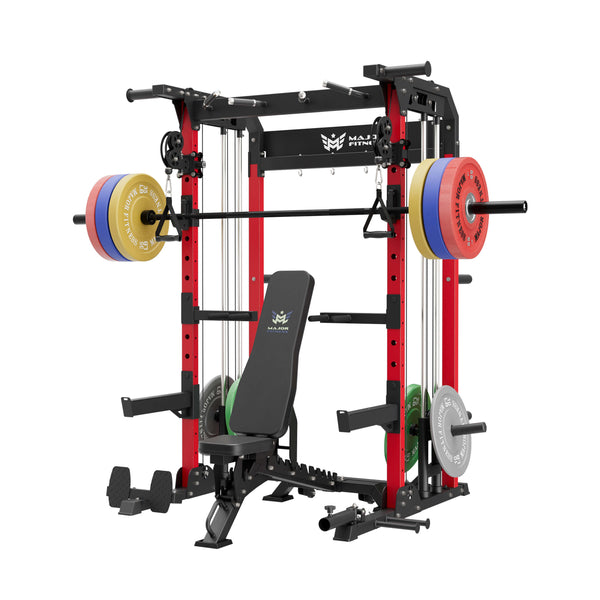 home gym workout equipment raptor f22 red with a black bench, a black barbell, a 230lb bumper weight plates set and a pair of 55lb urethane plates
