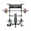 home gym workout equipment raptor f22 white with a black bench, a black barbell, a 230lb bumper weight plates set and a pair of 55lb urethane plates front view
