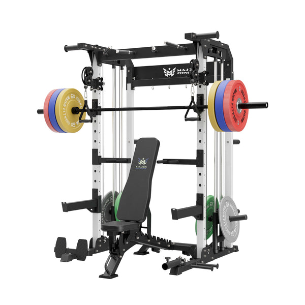home gym workout equipment raptor f22 white with a black bench, a black barbell, a 230lb bumper weight plates set and a pair of 55lb urethane plates
