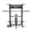 home gym power rack raptor f22 black with a black bench and a black barbell front view
