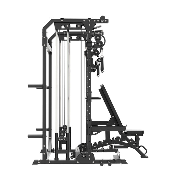 home gym power rack raptor f22 black with a black bench and a black barbell left view
