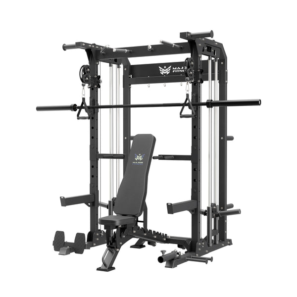 home gym power rack raptor f22 black with a black bench and a black barbell
