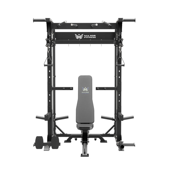 home gym power rack raptor f22 black with a black bench front view
