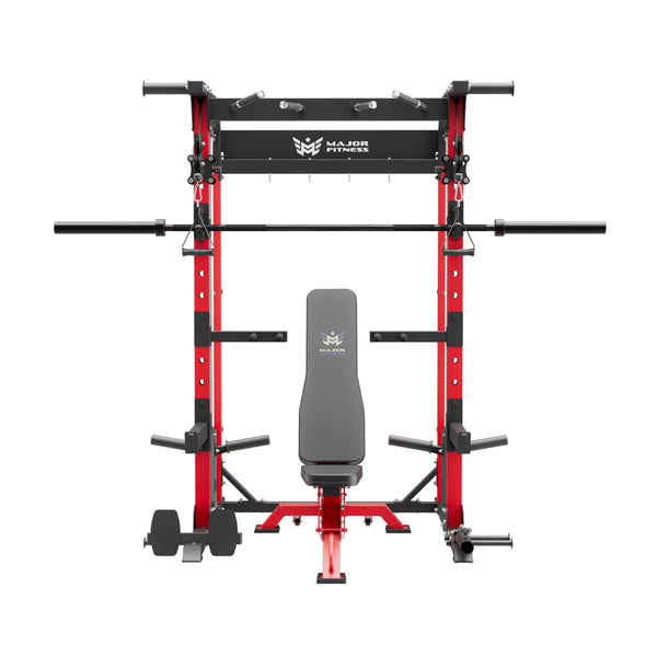 home gym power rack raptor f22 white with a black bench and a black barbell front view
