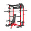 home gym power rack raptor f22 white with a black bench and a black barbell
