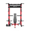 home gym power rack raptor f22 red with a red bench front view
