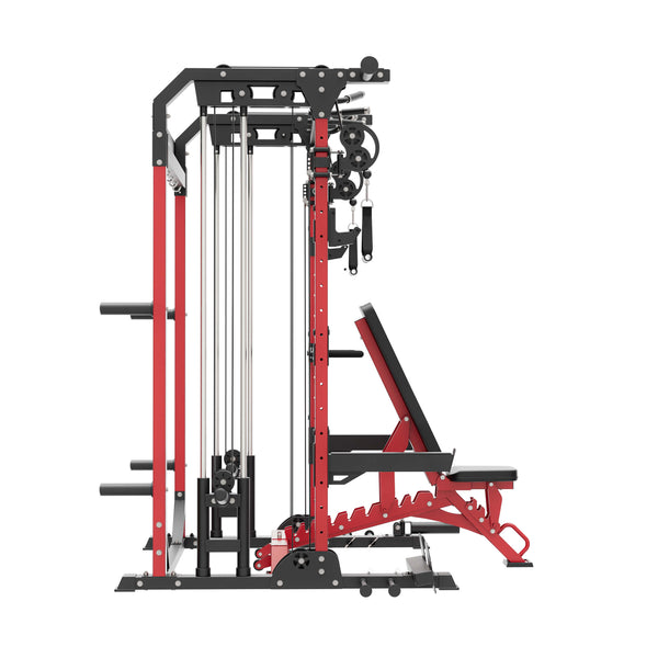 home gym power rack raptor f22 red with a red bench left view
