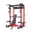 home gym power rack raptor f22 red with a red bench
