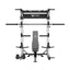 home gym power rack raptor f22 white with a black bench and a black barbell front view
