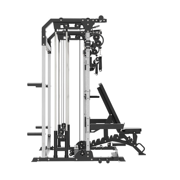 home gym power rack raptor f22 white with a black bench and a black barbell left view
