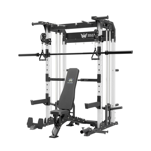 home gym power rack raptor f22 white with a black bench and a black barbell
