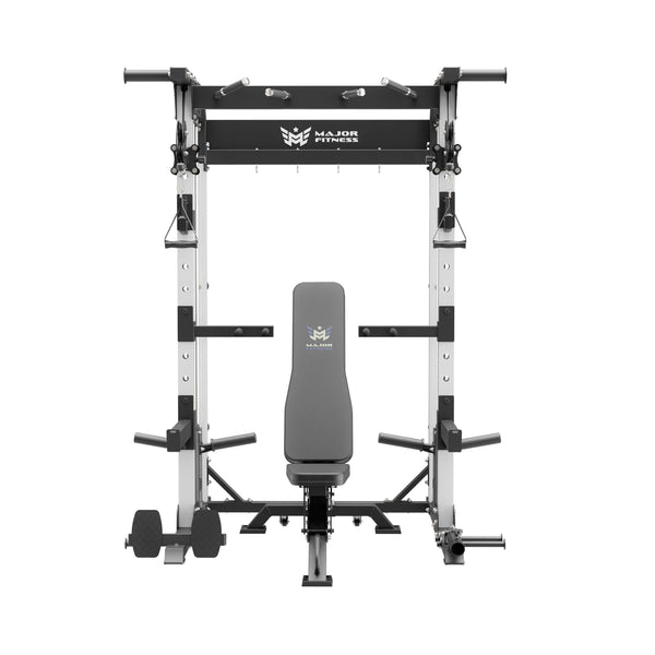 home gym power rack raptor f22 white with a black bench front view
