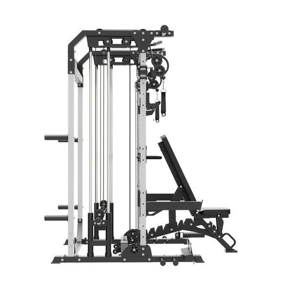 home gym power rack raptor f22 white with a black bench left view

