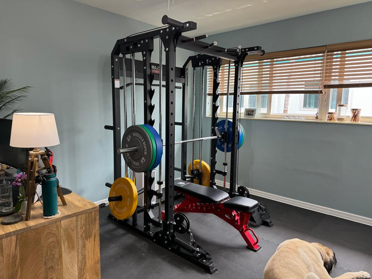 Home gym with a black smith machine, colorful barbell weights, a red adjustable bench, and a sleeping dog on the floor
