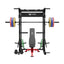 home gym workout equipment raptor f22 black with a red bench, a black barbell, a 230lb bumper weight plates set and a pair of 55lb urethane plates front view
