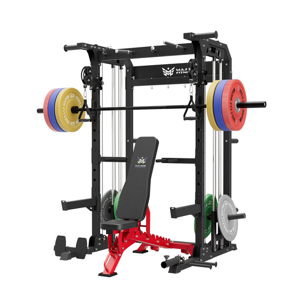 home gym workout equipment raptor f22 black with a red bench, a black barbell, a 230lb bumper weight plates set and a pair of 55lb urethane plates
