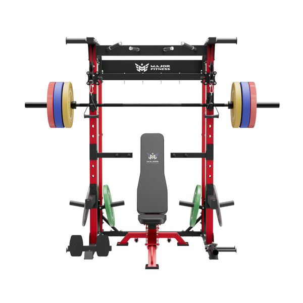 home gym workout equipment raptor f22 red with a red bench, a black barbell, a 230lb bumper weight plates set and a pair of 55lb urethane plates front view
